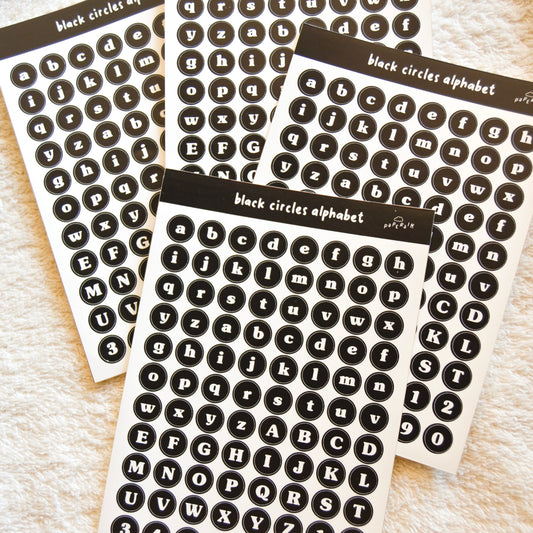 black circles alphabet sticker sheet